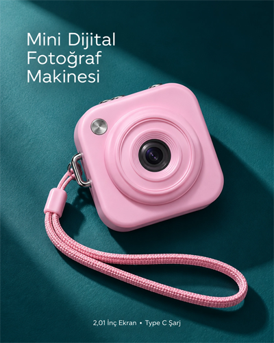 1. Cep Boy Pembe Dijital Fotoğraf Makinesi 2,01 İnç Ekran ve Type C Şarj