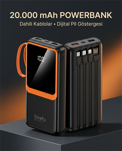 1. Çoklu Çıkışlı 20000 mAh Powerbank Entegre Kablolu Dijital Ekranlı Taşınabilir Şarj Cihazı