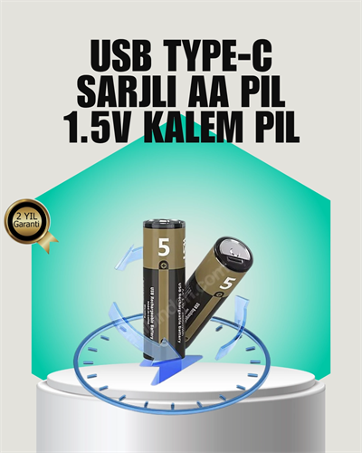 1.5V AA Şarjlı Lityum Pil | 1000+ Kez Şarj Edilebilir | Hızlı Type-C Şarj (2 Adet)