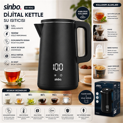 1.8l 1500w Plastik Kapak - Dokunmatik Ekran Dijital Kettle Su Isıtıcısı Kablosuz Kullanım Sk-8042 Bx40