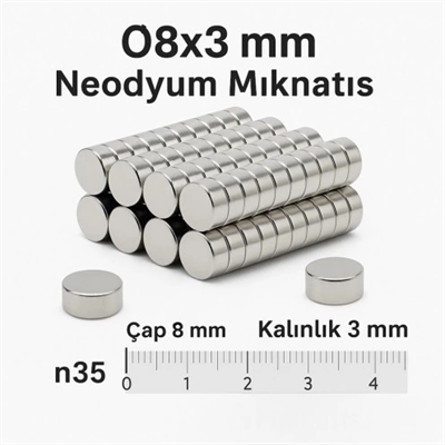 10 Adet 8x3mm Yuvarlak Neodyum Mıknatıs Güçlü Nikel Kaplamalı Kaliteli Dayanıklı Magnet