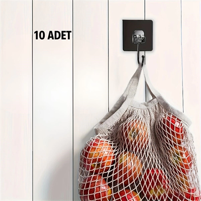 10 Adet Duvara, Dolapa Yapışan Güçlü Yapışkanlı Siyah Duvar Askısı Bx40
