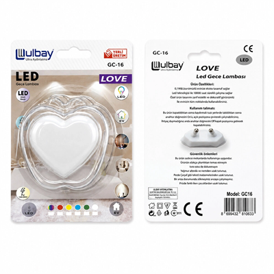 10 Adet Kalp Ledli Gece Lambası Gc-16 Bx40