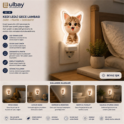 10 Adet Kedi Ledli Gece Lambası Gc-19 Bx40