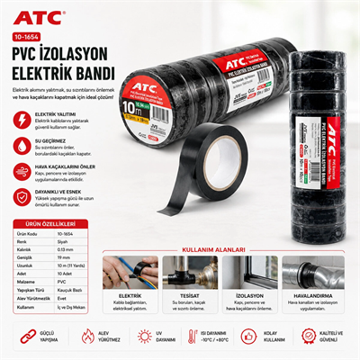 10 Adet Lüx Siyah Pvc İzolasyon Elektrik Bandı 0.13x19x11yds 10mm - 1 Paket Gönderilir - 1 Paket İçinde 10 Adet Bant Vardır Bx40