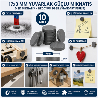 10 Adet Mıknatıs 17x3 Mm Yuvarlak Güçlü Mıknatıs Disk Mıknatıs