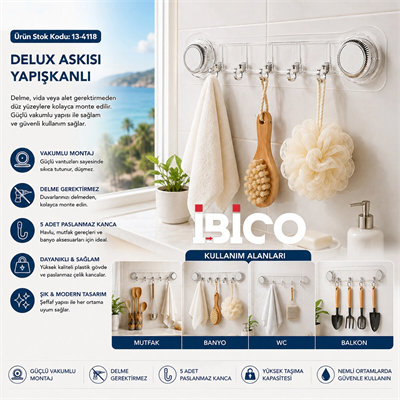 10 Adet Plastik Poşetli 5 Kollu - Vakumlu Delux Askısı Yapışkanlı 38.5cm - 5cm Bx40