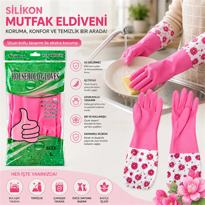 10 Adet Su Geçirmez - Uzun Kollu L Çiçek Desen Silikon Eldiven Mutfak - Banyo Bx40
