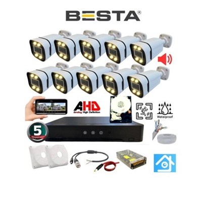 10 Kameralı 5 Mp Sesli Warm LED Waterproof 3.6 mm Lens H.265 2 Tb HDD Dahil Ahd Güvenlik Seti