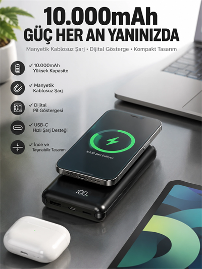 10.000 Mah Powerbank 4 Portlu Hızlı Şarj Dijital Göstergeli