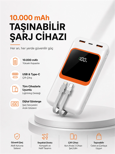 10.000 mAh Bataryalı, Dijital Göstergeli Taşınabilir Powerbank