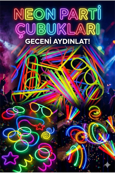 100 Adet Fosforlu Glow Stick Parti Seti | Bileklik, Kolye ve Eğlenceli Işık Çubukları