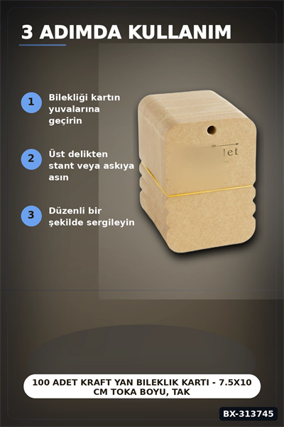 100 Adet Kraft Yan Bileklik Kartı - 7.5x10 cm Toka Boyu, Takı Organizeri BX-313745
