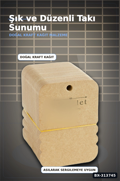 100 Adet Kraft Yan Bileklik Kartı - 7.5x10 cm Toka Boyu, Takı Organizeri BX-313745