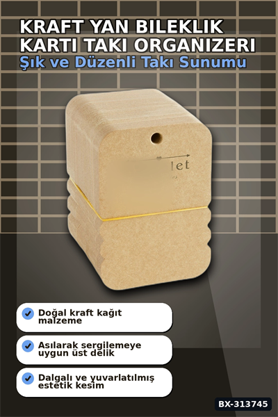 100 Adet Kraft Yan Bileklik Kartı - 7.5x10 cm Toka Boyu, Takı Organizeri BX-313745