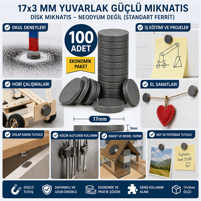 100 Adet Mıknatıs 17x3 Mm Yuvarlak Güçlü Mıknatıs Disk Mıknatıs