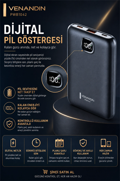 10000 mAh Dijital Göstergeli Hızlı Şarj Destekli Taşınabilir Powerbank