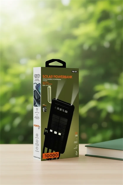 10000mah Güneş Enerjili Taşınabilir Şarj Cihazı - Çift Led Fenerli, Lcd , 2 Usb-C Powerbank