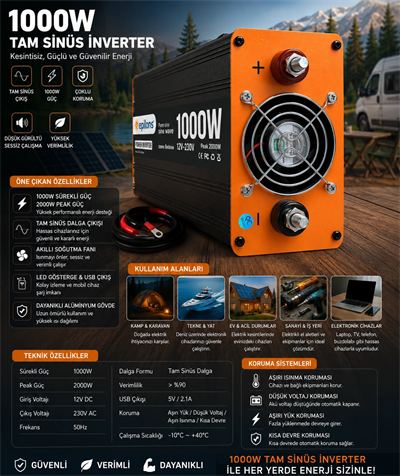 1000W Tam Sinüs İnverter 12V AC Çevirici | Sessiz Fanlı, USB Çıkışlı, Araç Karavan Tekne Solar Uyumlu Güç İnverteri