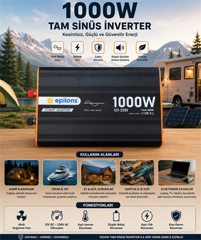 1000W Tam Sinüs İnverter 12V AC Çevirici | Sessiz Fanlı, USB Çıkışlı, Araç Karavan Tekne Solar Uyumlu Güç İnverteri