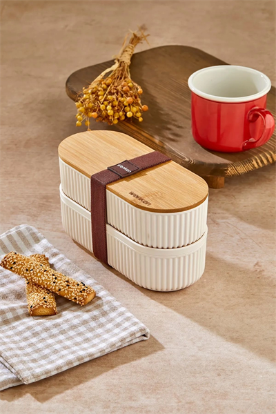 1000ml Ahşap Kapaklı Lunch Box 2li Set Diyet Beslenme Kutusu Bambu Saklama Kabı