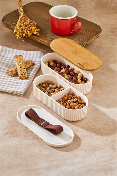 1000ml Ahşap Kapaklı Lunch Box 2li Set Diyet Beslenme Kutusu Bambu Saklama Kabı