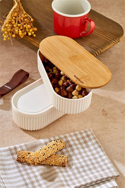 1000ml Ahşap Kapaklı Lunch Box 2li Set Diyet Beslenme Kutusu Bambu Saklama Kabı