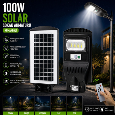 100w - 6500k Solar - Güneş Enerjili Sokak Lambası - Armatür Sensörlü Bahçe-balkon-sokak Ars-348964 Bx40