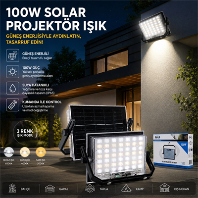 100w Güneş Enerjili Led Işık Solar Projektör - Fener Kamp - Dış Mekan 3 Farklı Led Işık 348960 Lmb Bx40