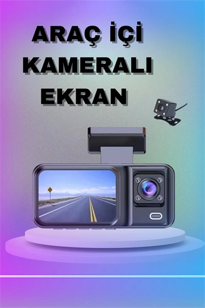 1080P 3 Lensli WİFİ Araç İçi Kameralı Ekran DVR Kaydedici Gece Görüşlü