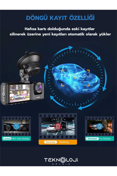 1080P Dash Cam Full Hd Araç içi Kamera Ön Arka ve İç Kayıt 3 Kamera Gece Görüşlü G Sensör Geniş Açı