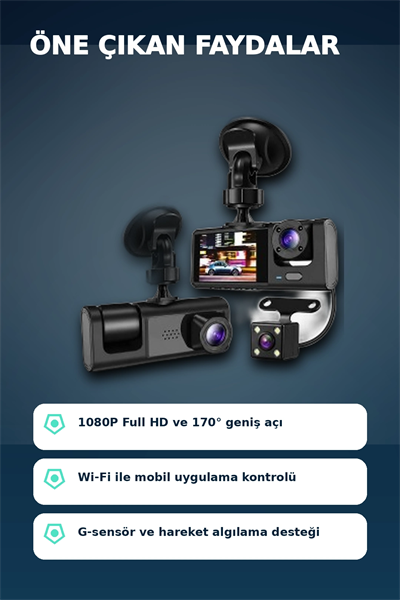 1080P Full HD 3 Kameralı Araç İçi Kayıt Kamerası Seti Wi-Fi ve Park Modu Özellikli