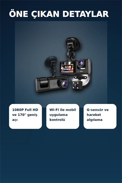 1080P Full HD 3 Kameralı Araç İçi Kayıt Kamerası Seti Wi-Fi ve Park Modu Özellikli