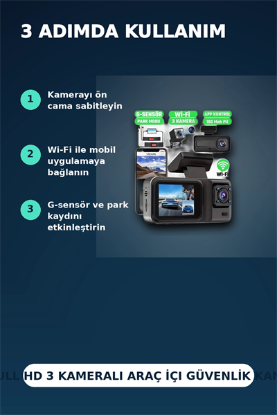 1080P Full HD 3 Kameralı Araç İçi Kayıt Kamerası Seti Wi-Fi ve Park Modu Özellikli
