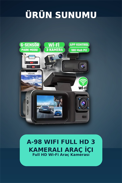 1080P Full HD 3 Kameralı Araç İçi Kayıt Kamerası Seti Wi-Fi ve Park Modu Özellikli