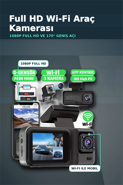 1080P Full HD 3 Kameralı Araç İçi Kayıt Kamerası Seti Wi-Fi ve Park Modu Özellikli