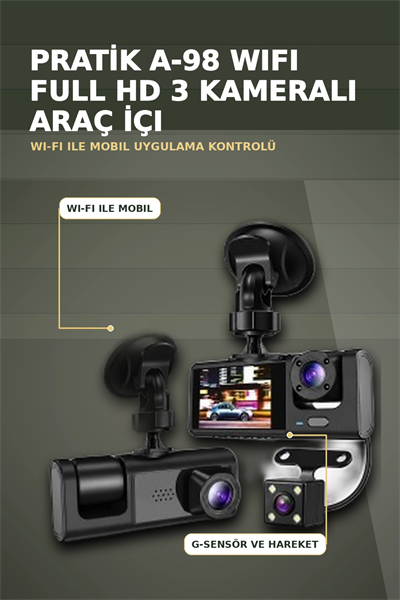 1080P Full HD 3 Kameralı Wi-Fi Araç İçi Kayıt Cihazı ve Park Modlu Güvenlik Kamerası Seti