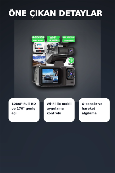 1080P Full HD 3 Kameralı Wi-Fi Araç İçi Yol Kayıt Kamerası Seti 170 Derece Park Modlu