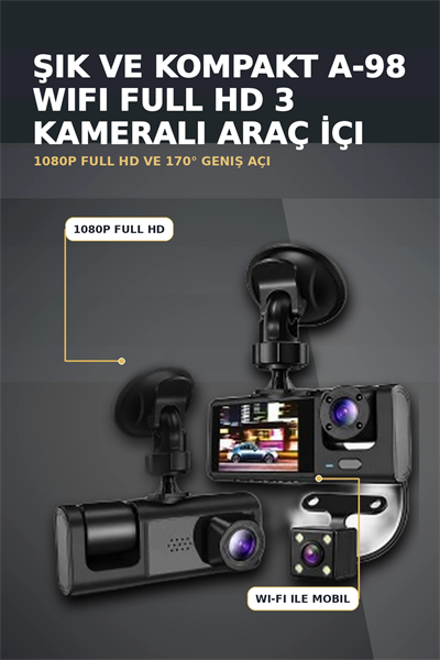 1080P Full HD 3 Kameralı Wi-Fi Araç İçi Yol Kayıt Kamerası Seti 170 Derece Park Modlu