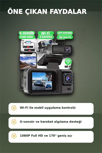 1080P Full HD 3 Kameralı Wi-Fi Araç İçi Kayıt Cihazı ve Park Modlu Güvenlik Kamerası Seti