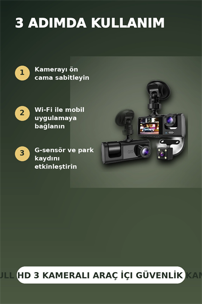 1080P Full HD 3 Kameralı Wi-Fi Araç İçi Kayıt Cihazı ve Park Modlu Güvenlik Kamerası Seti