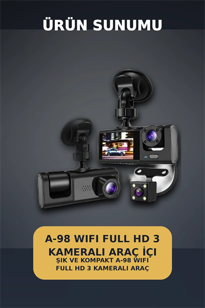 1080P Full HD 3 Kameralı Wi-Fi Araç İçi Yol Kayıt Kamerası Seti 170 Derece Park Modlu