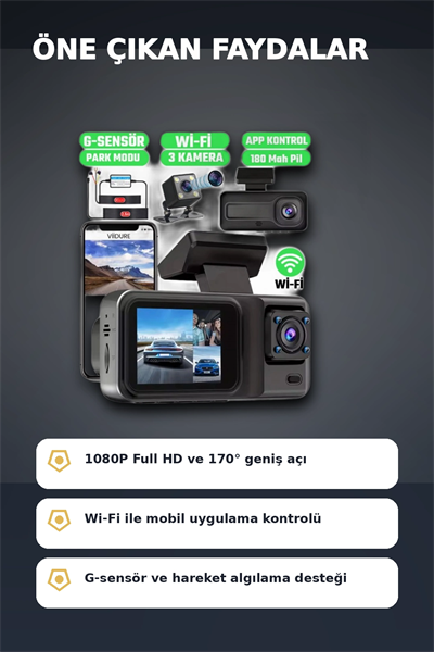 1080P Full HD 3 Kameralı Wi-Fi Araç İçi Yol Kayıt Kamerası Seti 170 Derece Park Modlu