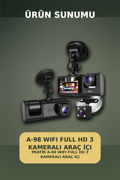 1080P Full HD 3 Kameralı Wi-Fi Araç İçi Kayıt Cihazı ve Park Modlu Güvenlik Kamerası Seti