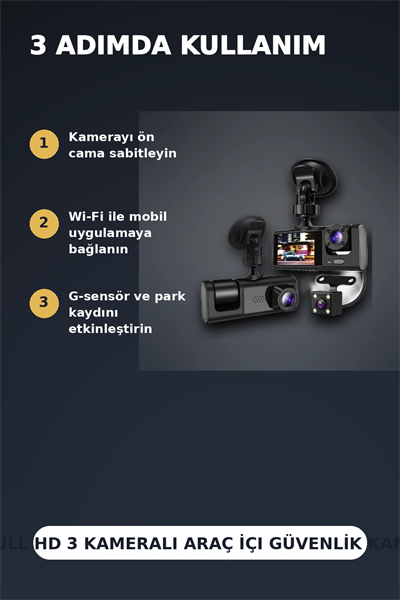 1080P Full HD 3 Kameralı Wi-Fi Araç İçi Yol Kayıt Kamerası Seti 170 Derece Park Modlu