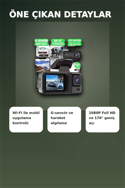 1080P Full HD 3 Kameralı Wi-Fi Araç İçi Kayıt Cihazı ve Park Modlu Güvenlik Kamerası Seti