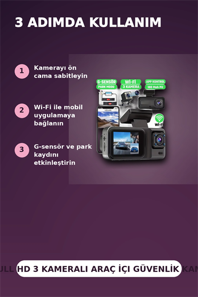 1080P Full HD 3 Kameralı Wi-Fi Bağlantılı Araç İçi Kayıt Cihazı ve Park Kamerası Seti