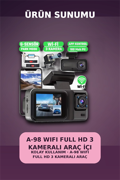 1080P Full HD 3 Kameralı Wi-Fi Bağlantılı Araç İçi Kayıt Cihazı ve Park Kamerası Seti