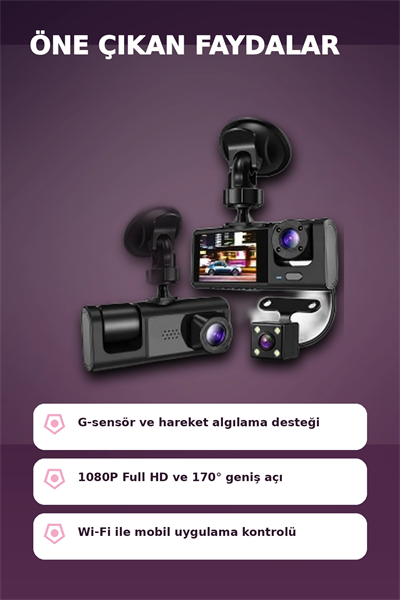 1080P Full HD 3 Kameralı Wi-Fi Bağlantılı Araç İçi Kayıt Cihazı ve Park Kamerası Seti