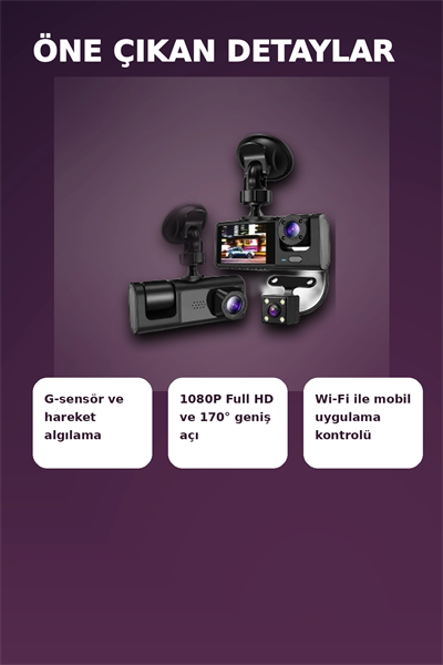 1080P Full HD 3 Kameralı Wi-Fi Bağlantılı Araç İçi Kayıt Cihazı ve Park Kamerası Seti